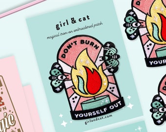 Don't Burn Yourself Out Embroidered Patch, Iron On Jacket Pocket Patch, Overwhelm Burnout Self Care Pastel Cute Gift Mint Green Pink