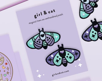 Pastel Moths Embroidered Patch Set, Iron on Patches, Lilac Purple Mint Moths Butterflies Insect