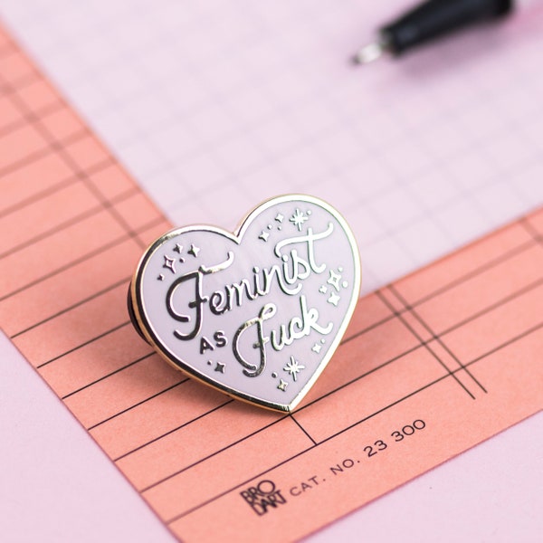 Feminist Enamel Pin, Gold Pink, Feminist As F*ck, Feminist Pins, Heart Shaped Enamel Pin, Best Friend Gift