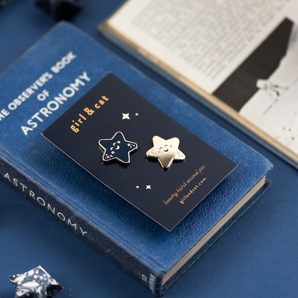 Happy Star Enamel Pin Set, Cute Space Pins, Kawaii Stars, Tiny Mini Pins Gold Blue