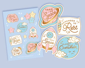 Space Self Care Sticker Set - Pastel Sticker Sheet & 4 x Large Vinyl Stickers
