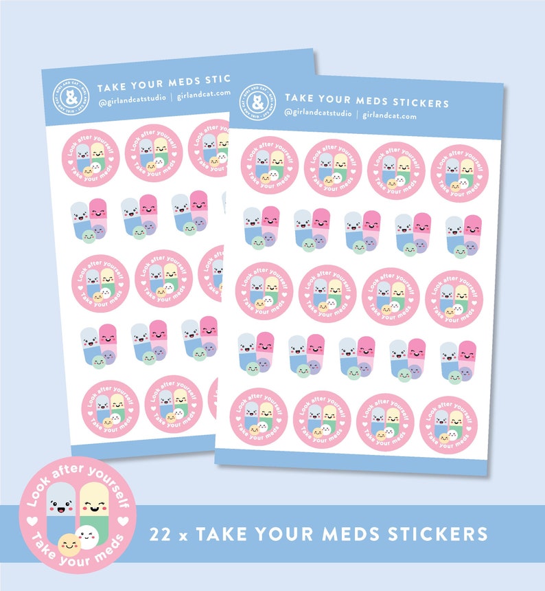 Take Your Meds Planner Stickers, Reminder Sticker Sheets, Self Care, Cute Kawaii Aesthetic image 1