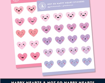 Mood Journal Stickers - Kawaii Happy Hearts and Not So Happy Hearts - 2 x Sticker Sheets