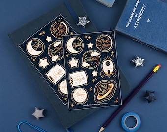 Space Themed Self Care Vinyl Sticker Sheet - A6 Blue Gold