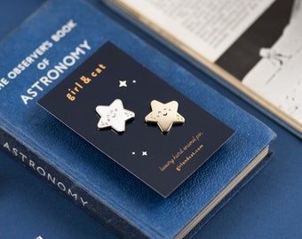 Happy Stars Enamel Pin Duo: Gold & White Lapel Pins