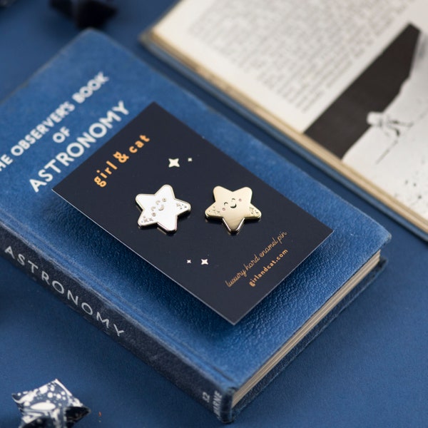 Cute Happy Star Enamel Pin Set, Collar Pins, Kawaii Stars, Tiny Mini Pins Gold White