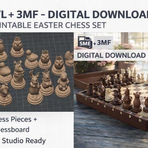 Easter Chess Set STL + 3MF | Printable Easter Bunny Chess Pieces | 3D Print Chessboard with Storage |Digital Download Commercial Use Allowed