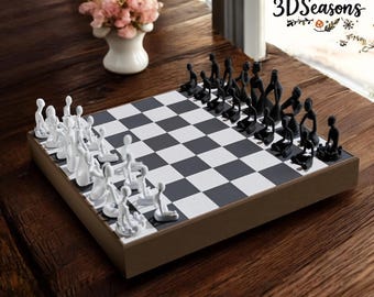 Handcrafted Chess Set with Unique Modern Figurines – 3D Printed Chess Board 25x25 cm – Minimalist Abstract Chess Pieces Gift Idea