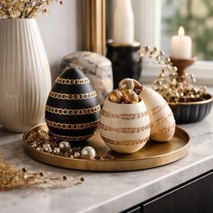 Könnte beinhalten: Eine dekorative Anordnung mit eiförmigen Behältern in Schwarz und Creme, verziert mit goldenen Ketten. Die Eier liegen auf einem goldenen Tablett mit verstreuten Perlen und goldenen Akzenten, was eine elegante Präsentation ergibt.