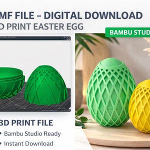 Könnte beinhalten: Ein digitales Download-Bild mit einem 3D-Druck-Osterei-Design. Das Bild zeigt ein grünes Ei in einem 3D-Modellierungsprogramm und zwei fertige Eier, eines grün und eines gelb, mit einem Gittermuster. Der Text lautet "3MF FILE - DIGITAL DOWNLOAD".