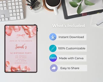 Editable Birthday Invite for Girls - Pink Floral Canva Template - Digital Download Invitation