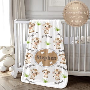 Personalized Cow Baby Blanket: Custom Farm Nursery Throw, Soft Cotton
