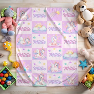 Personalised Unicorn Blanket for Girls – Custom Name Baby Blanket, Soft Cotton Throw, Baby Shower Gift, Toddler Bed, Nursery Décor