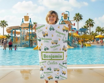 Personalized Kids Beach Towel – Construction Trucks & Diggers
