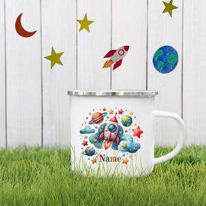 Personalized Kids Enamel Mug: Custom Name, Space Rocket Design