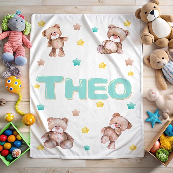 Personalized Teddy Bear Baby Blanket: Custom Cotton Newborn Gift