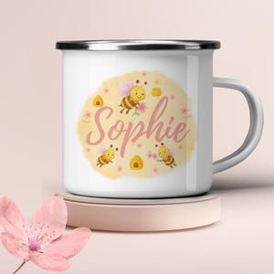 Personalised Bee Enamel Mug for Kids, Custom Name Camp Mug, Cute Honeybee Cup, Toddler Camping Gift, Sweet Mug, Hot Chocolate Mug, Milk Cup