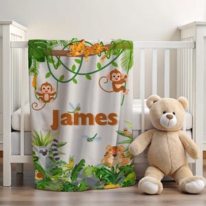 Personalised Jungle Animals Blanket for Kids – Custom Name Safari Baby Throw | Soft Cotton Animal Blanket Gift for Boys or Girls