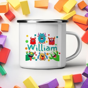 Personalised Little Monster Enamel Mug – Cute Custom Name Camping Cup for Kids, Fun Sleepover Gift Idea, Custom Hot Chocolate Mug, Cute Kids