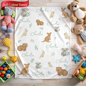 Custom Australian Animal Baby Blanket with Name | Gender-Neutral Koala & Wildlife Throw | Soft Cotton Fleece Gift for Nursery Baby Shower