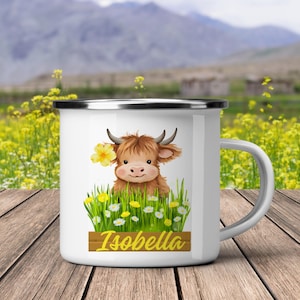 Personalised Kids Enamel Mug – Custom Highland Cow Cup for Girls – Cute Name Mug for Camping, Bedtime, Cocoa – Lightweight Gift for Children