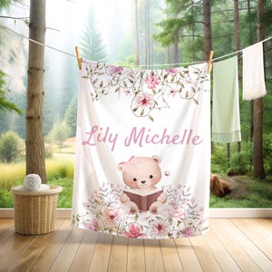 Personalized Baby Blanket: Soft Cotton Bear & Floral Design