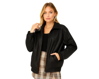 Vintage Y2k/2000s Pink Leather Biker Jacket, Black and White