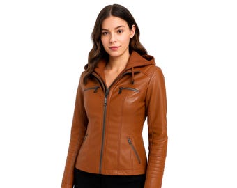 Women’s Faux Leather Motorcycle Jacket with Removable Hood – Slim Fit Biker Coat, Brown Vegan Leather Zip-Up Outerwear
