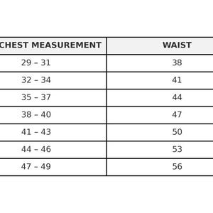 May include: A white table of jacket size measurements. The table includes sizes XS to 3XL, with corresponding measurements for jacket back length, chest, waist, sleeve length, and chest measurement in inches.
