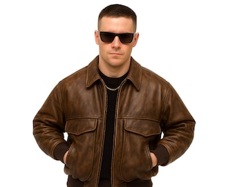 Vintage Distressed Brown Leather Bomber Jacket – Men’s Aviator Flight Coat, Classic Military Pilot Outerwear