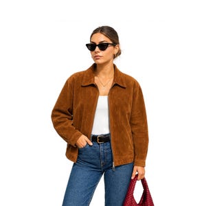 Women’s Brown Suede Leather Jacket – Vintage Zip Up Coat, Classic Casual Fall Outerwear