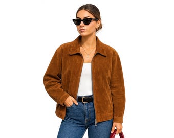 Women’s Brown Suede Leather Jacket – Vintage Zip Up Coat, Classic Casual Fall Outerwear