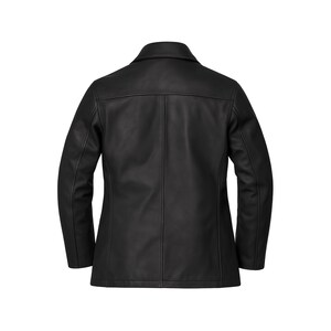 May include: A black leather jacket with a classic design. The jacket features a notched collar, long sleeves, and a tailored fit. The back of the jacket has a vertical seam down the center. The jacket is made of a smooth, matte leather.