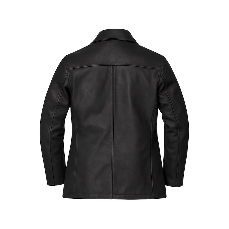 May include: A black leather jacket with a classic design. The jacket features a notched collar, long sleeves, and a tailored fit. The back of the jacket has a vertical seam down the center. The jacket is made of a smooth, matte leather.