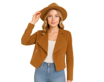 Giacca in pelle scamosciata da donna 2025 / Cappotto corto alla moda autunnale / Capospalla a maniche lunghe con apertura frontale / Blazer da motociclista in finta pelle scamosciata marrone alla moda