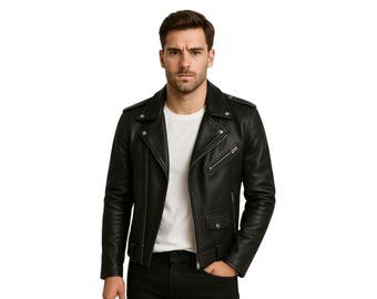 May include: A black leather jacket with a classic biker style. The jacket features a notched collar, asymmetrical zipper closure, and multiple pockets. The model is wearing a white t-shirt underneath.