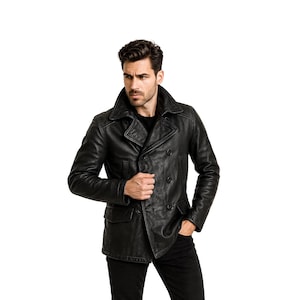Vintage Black Leather Naval Officer&#39;s Coat | Double-Breasted Military Peacoat | Classic Men&#39;s Genuine Leather Jacket