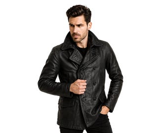 Vintage Black Leather Naval Officer's Coat | Double-Breasted Military Peacoat | Classic Men's Genuine Leather Jacket
