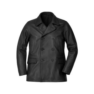May include: A black leather double-breasted jacket with a notched collar, two front pockets, and four buttons. The jacket has long sleeves and a classic, tailored design. The leather appears smooth and has a slight sheen.