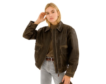 Oversized Distressed Brown Leather Jacket – Retro Casual Style, Classic Designer Outerwear for Women