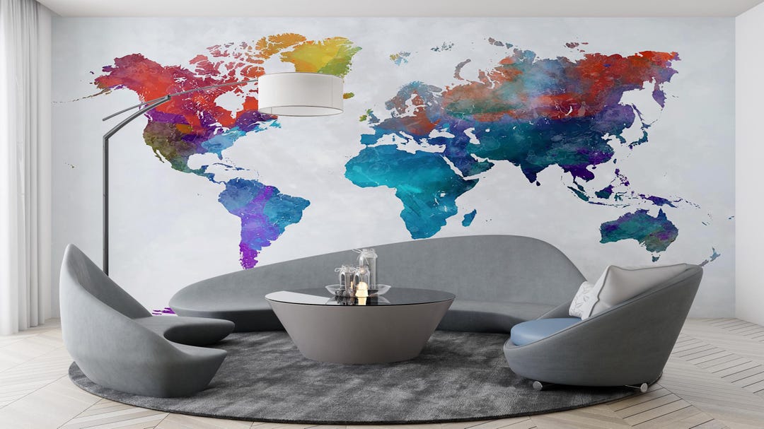 Colorful Watercolor World Map Wall Mural - Peel and Stick Wallpaper ...