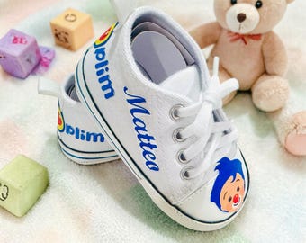 Zapatillas altas para bebé inspiradas en Plim Plim, zapatos personalizados con nombre, calzado para niños pequeños con suela blanda.