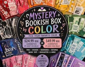 May include: A circular black sign with the text MYSTERY BOOKISH BOX by COLOR, surrounded by various colorful stationery sets including pens, stickers, bookmarks, notepads, and washi tape in red, orange, yellow, green, blue, purple, and pink themes.