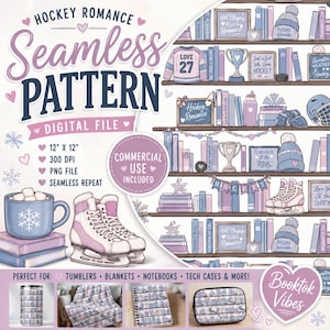 May include: A digital seamless pattern file featuring a hockey romance theme with bookshelves filled with books, trophies, ice skates, and winter hats in shades of purple and blue. Includes a mug with marshmallows and hockey-themed text.