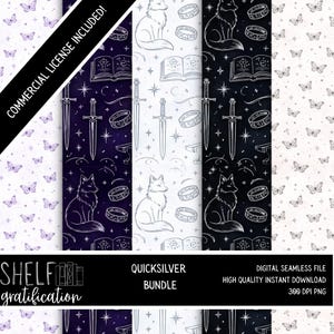 Puede incluir: Un archivo digital sin costuras con patrones de fantasía. Los diseños incluyen espadas, anillos, libros, zorros y estrellas en blanco, negro y morado. El texto "QUICKSILVER BUNDLE" y "SHELF gratification" es visible.