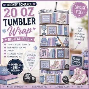 May include: A 20 oz straight tumbler wrap digital file featuring a bookshelf design with pastel purple and blue accents. The graphic includes illustrations of ice skates, hockey sticks, pucks, books, and text such as Hockey Romance and Booktok Vibes.