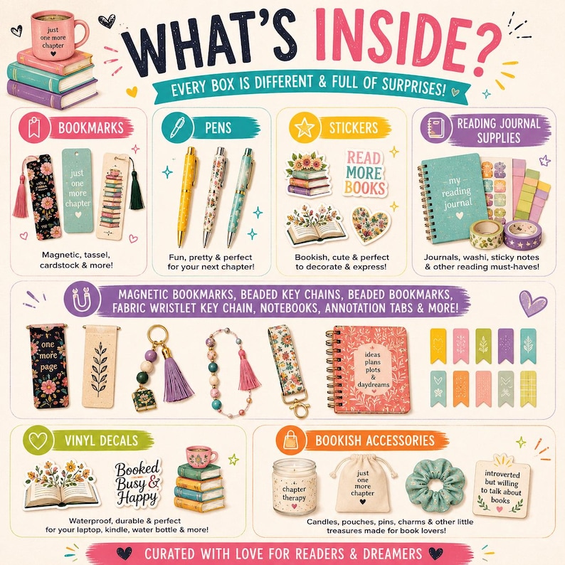May include: A promotional graphic titled WHAT'S INSIDE? showcasing a variety of stationery and reading accessories including bookmarks, pens, stickers, journals, washi tape, keychains, vinyl decals, candles, pouches, and hair scrunchies with text.
