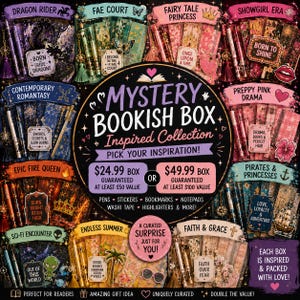 May include: A Mystery Bookish Box collection featuring various themed sets including Dragon Rider, Fae Court, Fairy Tale Princess, Showgirl Era, Contemporary Romantasy, Preppy Pink Drama, Epic Fire Queen, Pirates & Princesses, Sci-Fi, and Endless Summer.