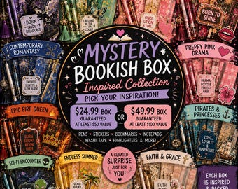 May include: A Mystery Bookish Box collection featuring various themed sets including Dragon Rider, Fae Court, Fairy Tale Princess, Showgirl Era, Contemporary Romantasy, Preppy Pink Drama, Epic Fire Queen, Pirates & Princesses, Sci-Fi, and Endless Summer.