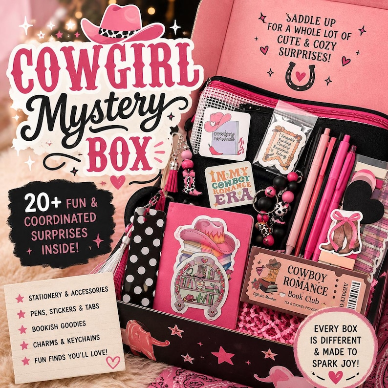 May include: A Cowgirl Mystery Box containing over 20 items including pink pens, stickers, a notebook, a keychain, and a bookmark. The box features text reading Cowgirl Mystery Box, Saddle up for a whole lot of cute and cozy surprises, and Cowboy Romance Book Club.